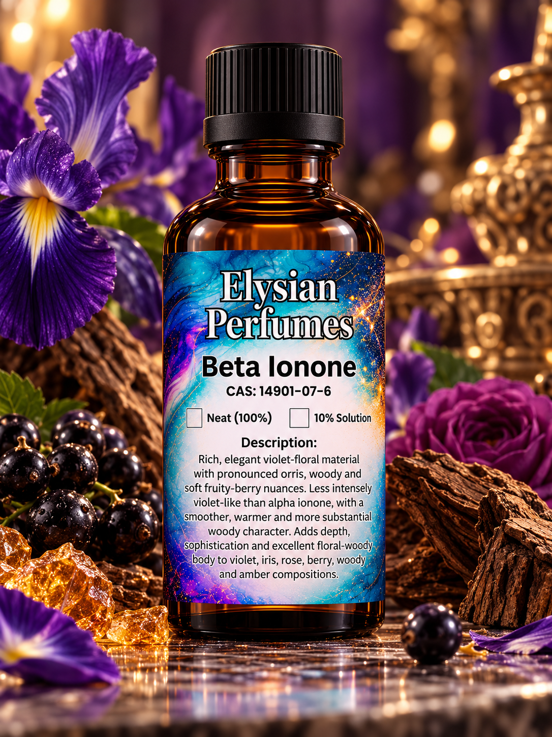 Beta Ionone perfume-grade aroma chemical by Elysian Perfumes in amber bottle, with violet flowers, purple iris, raspberries and warm woody fragrance notes
