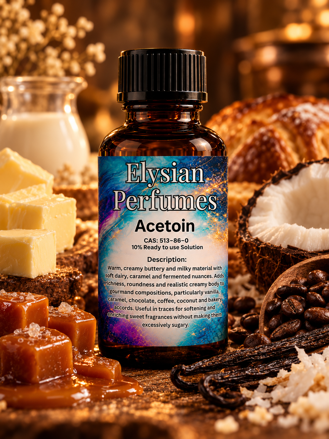 Acetoin 10% perfume grade aroma chemical by Elysian Perfumes with buttery, creamy, caramel, coconut and coffee gourmand fragrance notes