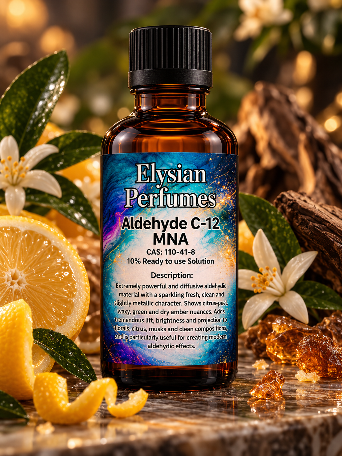 Aldehyde C-12 MNA 10% perfume-grade aroma chemical in Elysian Perfumes amber bottle, with sparkling citrus, metallic aldehydic and dry amber fragrance nuances
