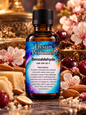 Benzaldehyde 10% perfume-grade aroma chemical by Elysian Perfumes in amber bottle with almond, cherry and marzipan-inspired fragrance imagery