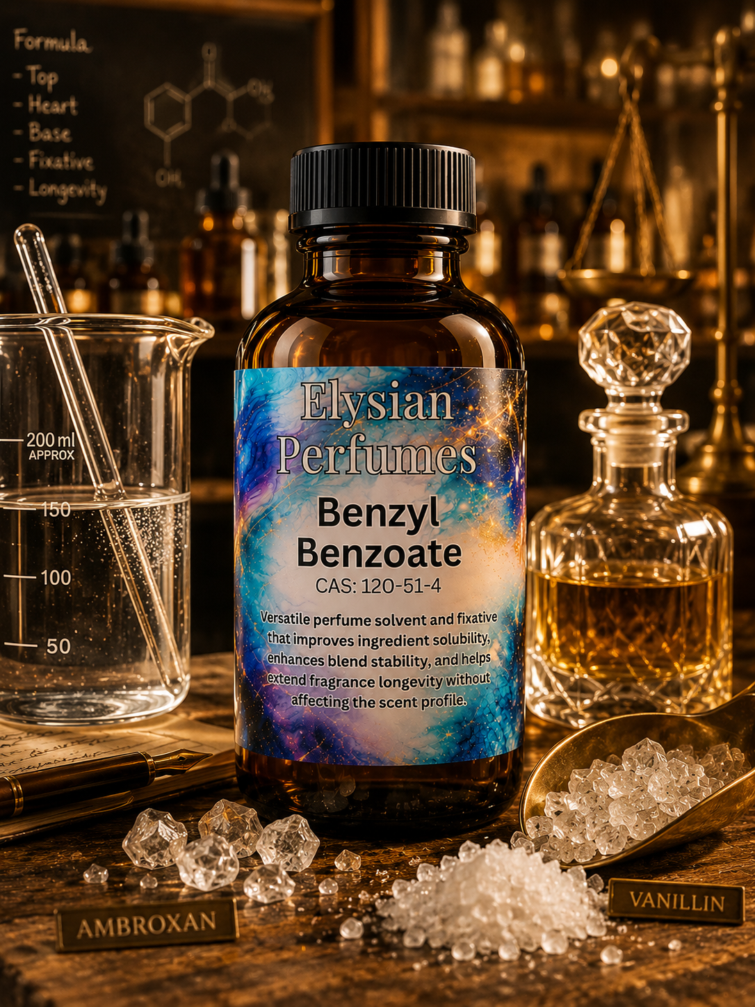 Perfume grade Benzyl Benzoate solvent and fragrance fixative for perfume formulation, Ambroxan dilution and professional perfumery