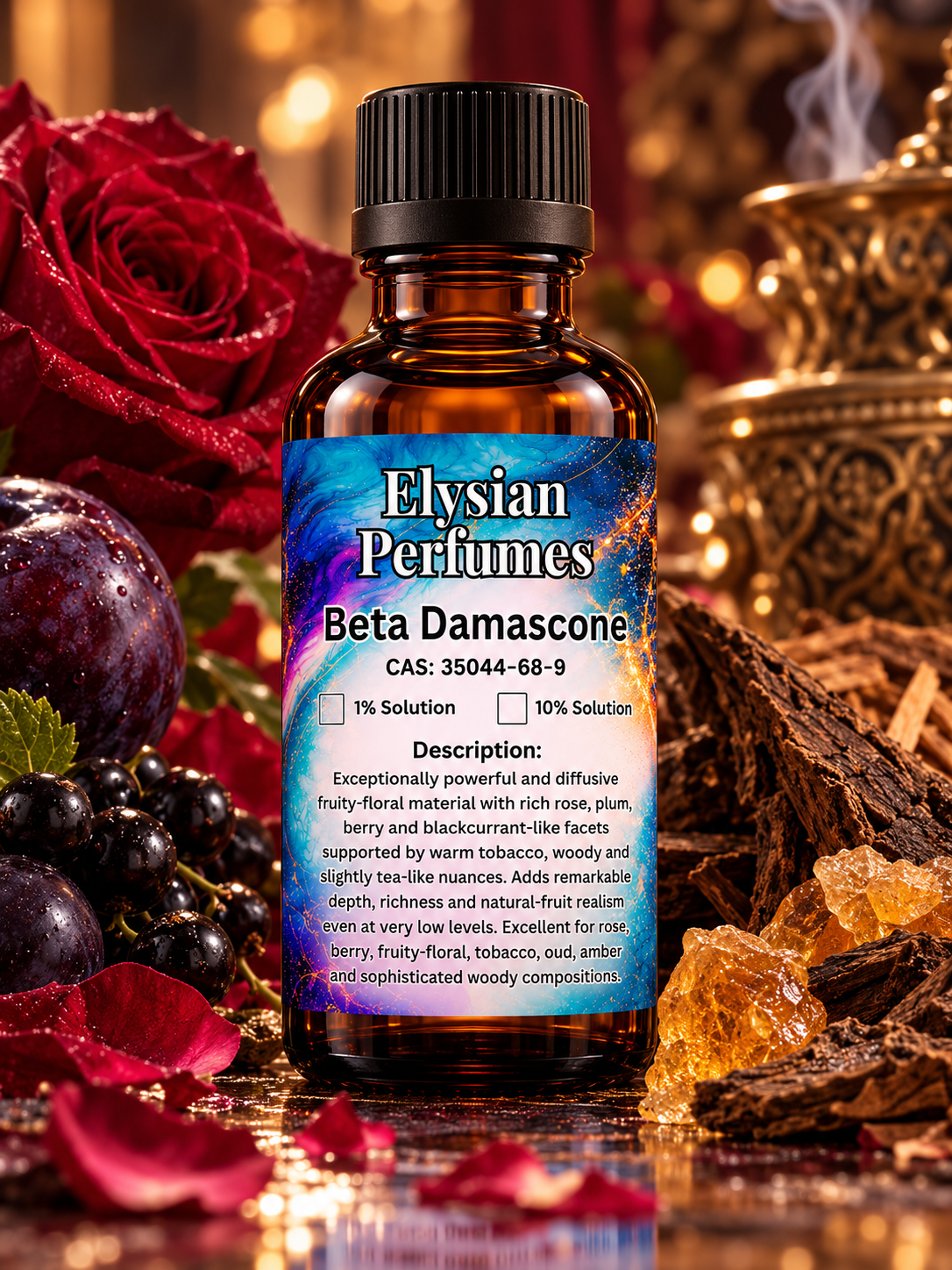 Beta Damascone perfume-grade aroma chemical by Elysian Perfumes in amber bottle with red roses, ripe plums, blackcurrants and warm tobacco-inspired fragrance imagery