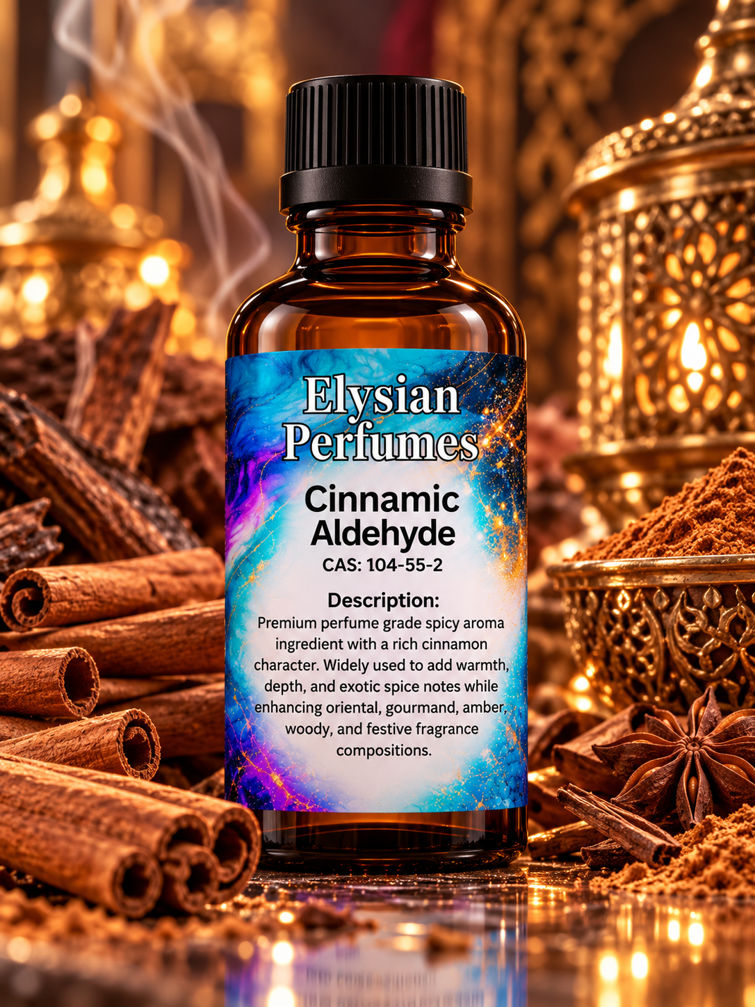 Cinnamic Aldehyde 10% perfume-grade aroma chemical by Elysian Perfumes with cinnamon sticks, warm spices and balsamic gourmand fragrance notes