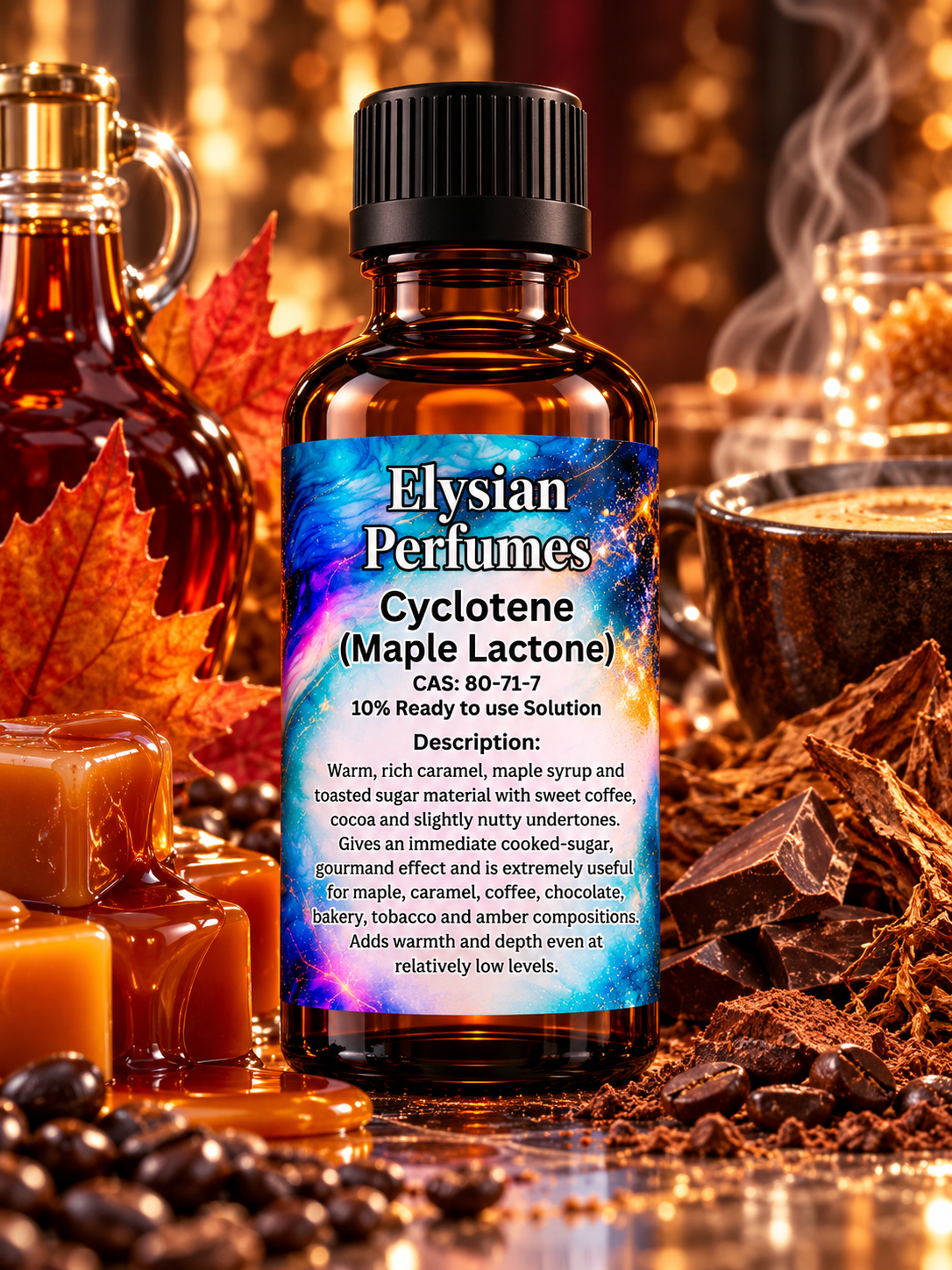 Cyclotene Maple Lactone 10% perfume-grade aroma chemical by Elysian Perfumes with maple syrup, golden caramel, toasted sugar and roasted coffee fragrance notes