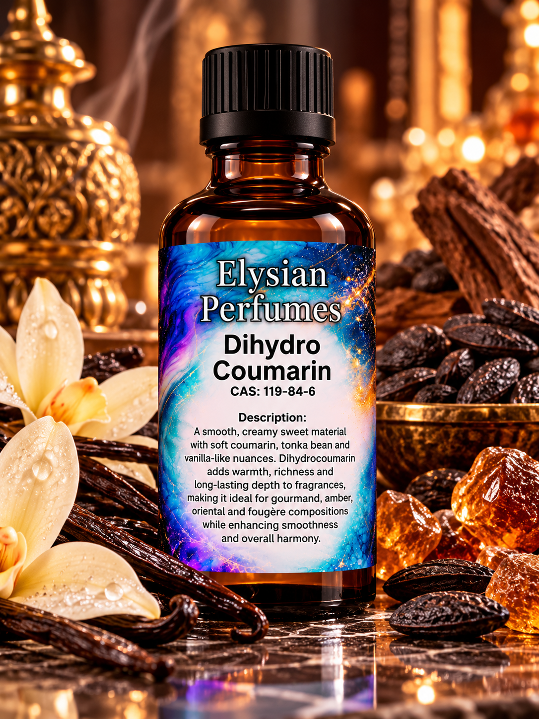 Dihydro Coumarin 10% perfume-grade aroma chemical by Elysian Perfumes with tonka beans, creamy coconut, vanilla pods and sweet tobacco fragrance notes