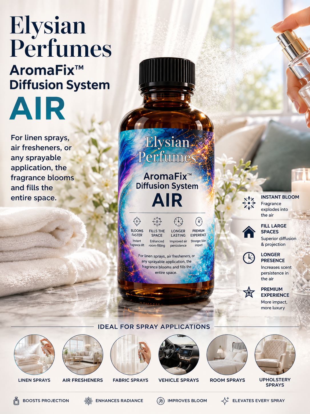 AromaFix Air room spray and linen spray performance enhancer for improved fragrance projection, scent throw, and home fragrance performance