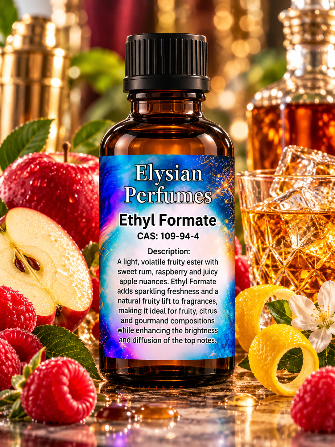 Ethyl Formate 10% perfume-grade aroma chemical by Elysian Perfumes, with green apples, grapes, tropical fruit and rum-inspired fragrance notes