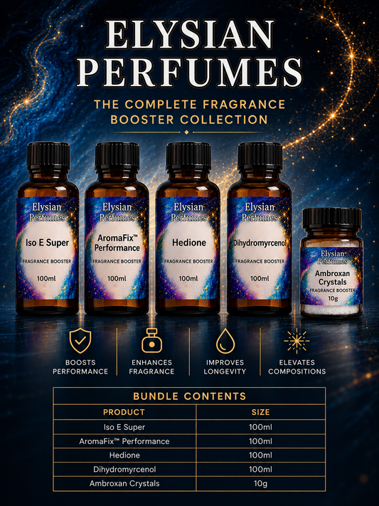 Professional perfume enhancement bundle containing Ambroxan Crystals, Iso E Super, Hedione, Dihydromyrcenol and AromaFix™ Performance for fragrance longevity, scent projection, diffusion and perfume making.